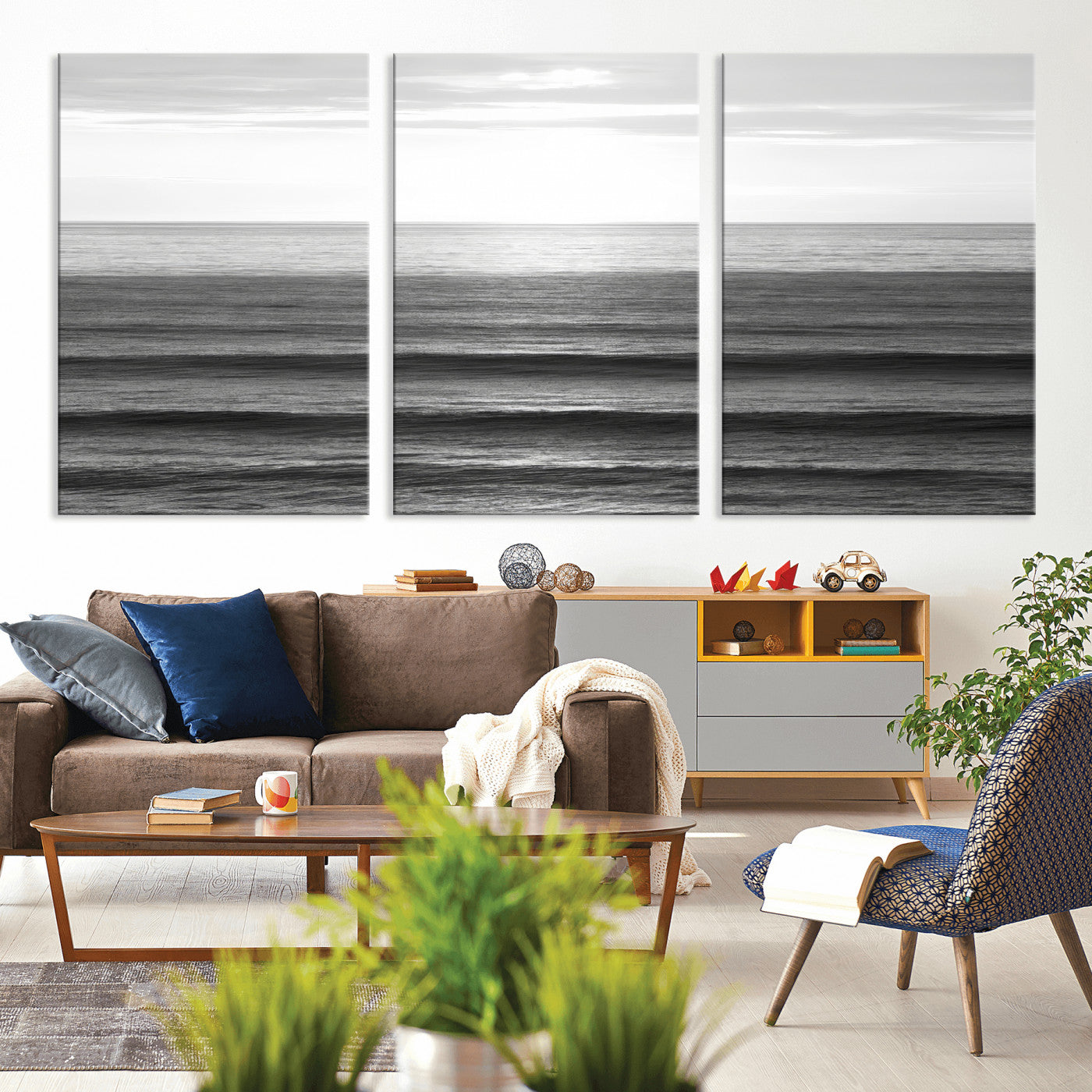 47305203-MGV-CV-36X24-Monochrome Ocean Wall Art Canvas Print, Framed Moody Ocean Art Picture Print, Calm Ocean Perfect Minimalist Coastal Decor Artwork