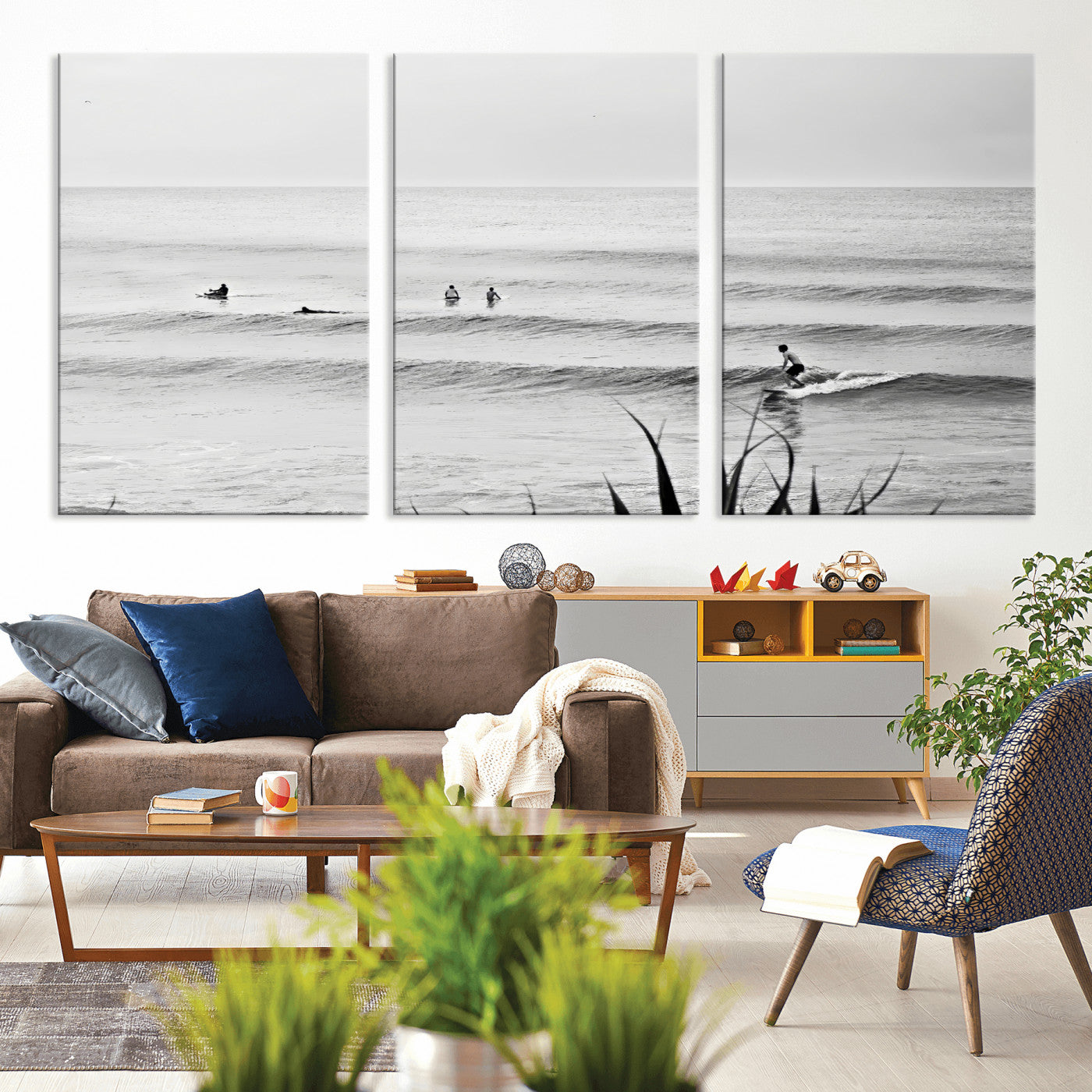 33821421-MGV-CV-36X24-Surfer Silhouette Wall Art Canvas Print, Framed Calm Ocean Art Picture Print, Monochrome Surf Perfect Minimalist Coastal Decor