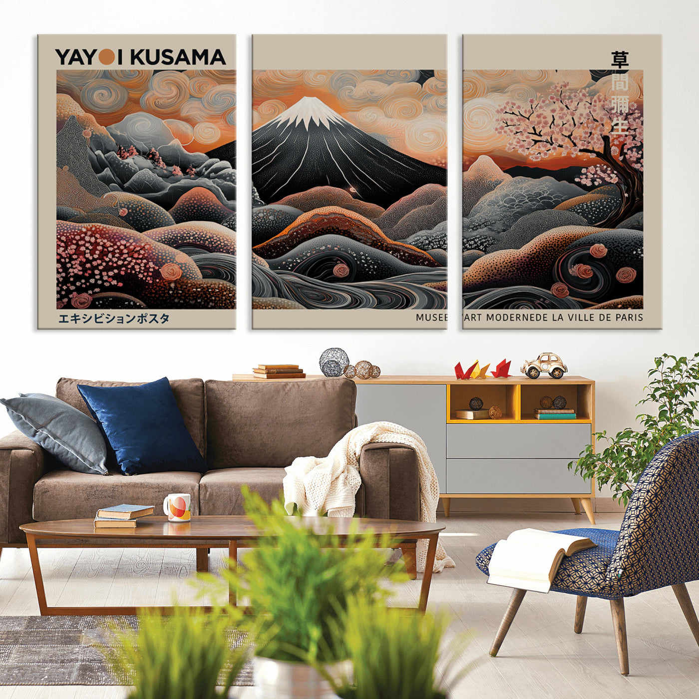 55739266-MGV-CV-36X24-Japanese Wall Art Print – Abstract Yayoi Kusama Inspired Dotted Landscape Poster, Surreal Oriental Mountain and Cherry Blossom
