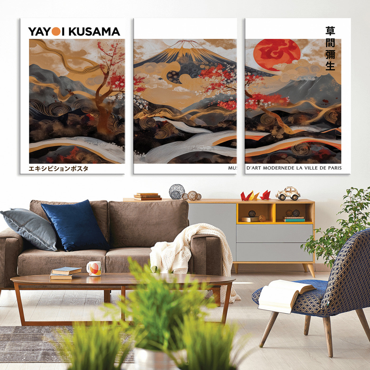 40959107-MGV-CV-36X24-Japanese Fuji Wall Art Print – Red Sun & Cherry Blossom Poster, Gold Wave Ukiyo-e Inspired Modern Japan Landscape Painting,