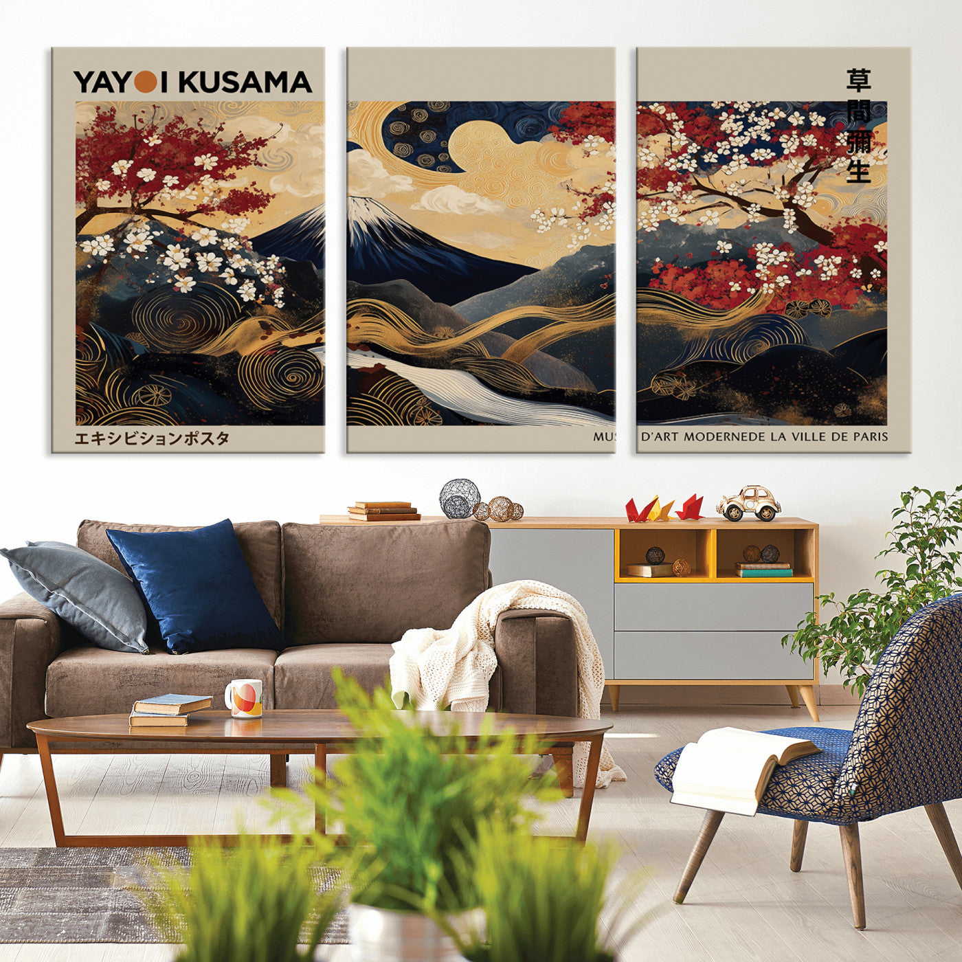 54967195-MGV-CV-36X24-Mount Fuji Wall Art – Japanese Cherry Blossom Abstract Canvas Print, Navy Gold Landscape Painting, Oriental Luxury Home Decor