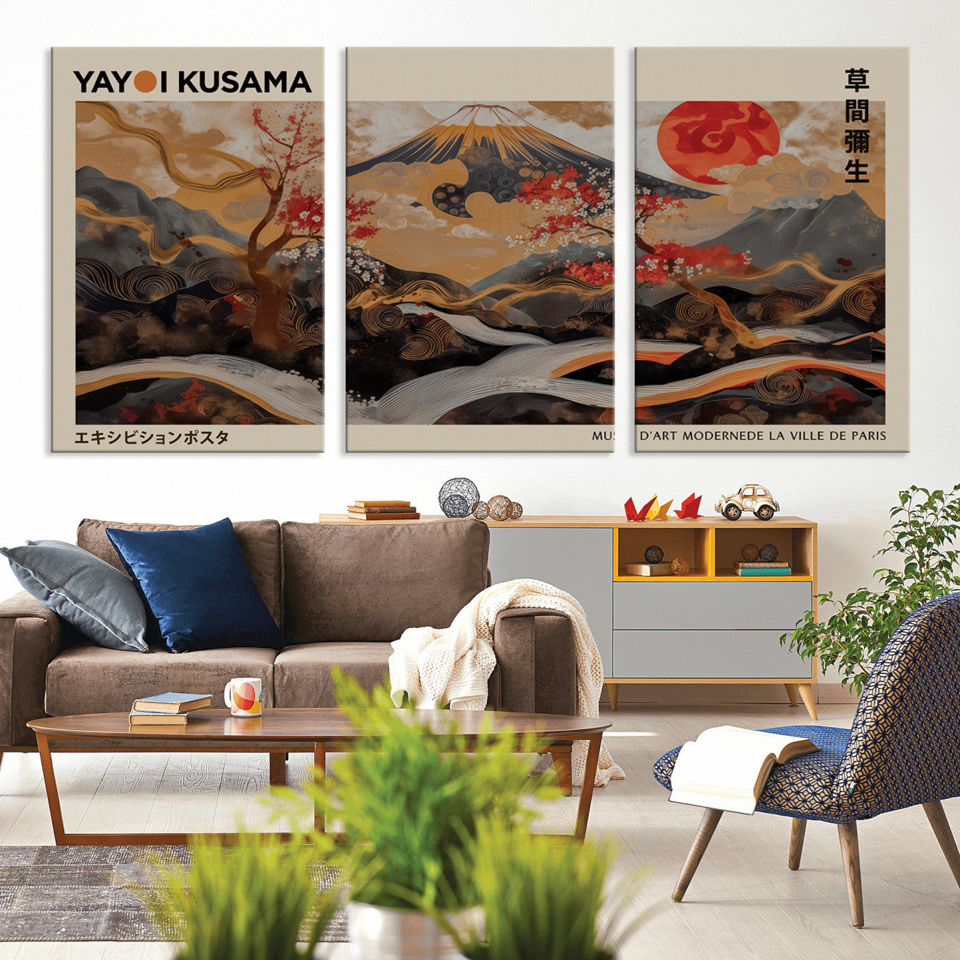 77970791-MGV-CV-36X24-Mount Fuji Golden Abstract Wall Art – Japanese Landscape Canvas Poster, Cherry Blossom & Red Sun Painting, Elegant Zen Oriental