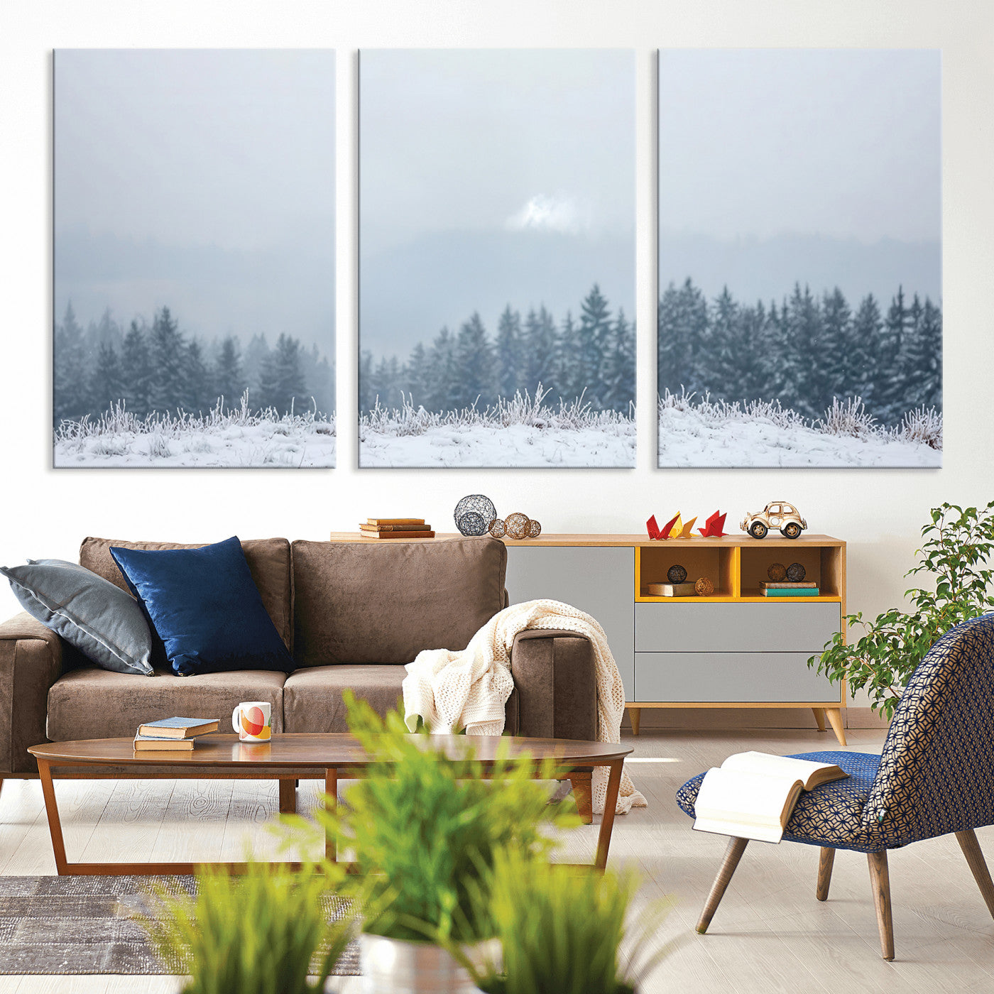 33033082-MGV-CV-36X24-Winter Forest Art Wall Art Canvas Print, Framed Snowy Landscape Art Picture Print, Misty Tree Scene Perfect Nordic Minimalist