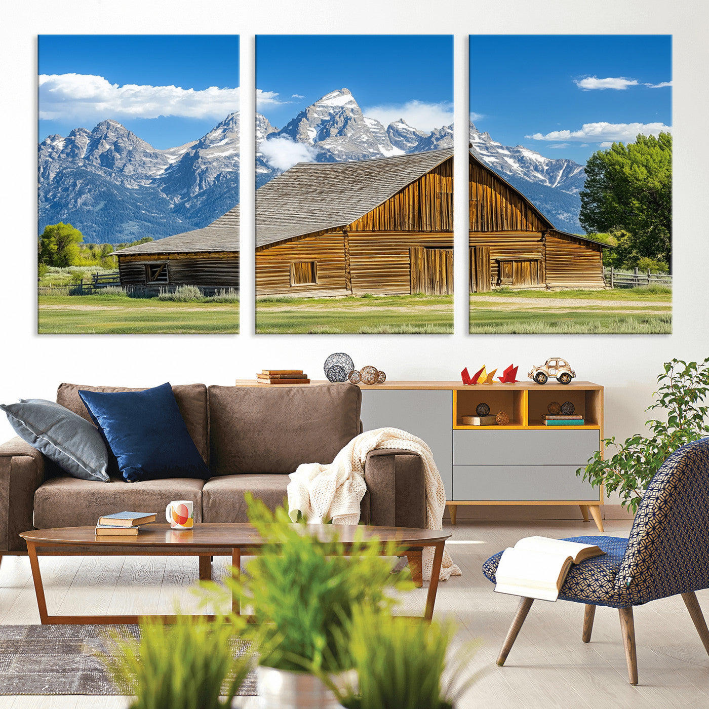 75948467-MGV-CV-36X24-Mountain Barn Scene Wall Art Canvas Print, Framed Rustic Farmhouse Style Art Picture Print, Country Cabin Decor Perfect Rustic