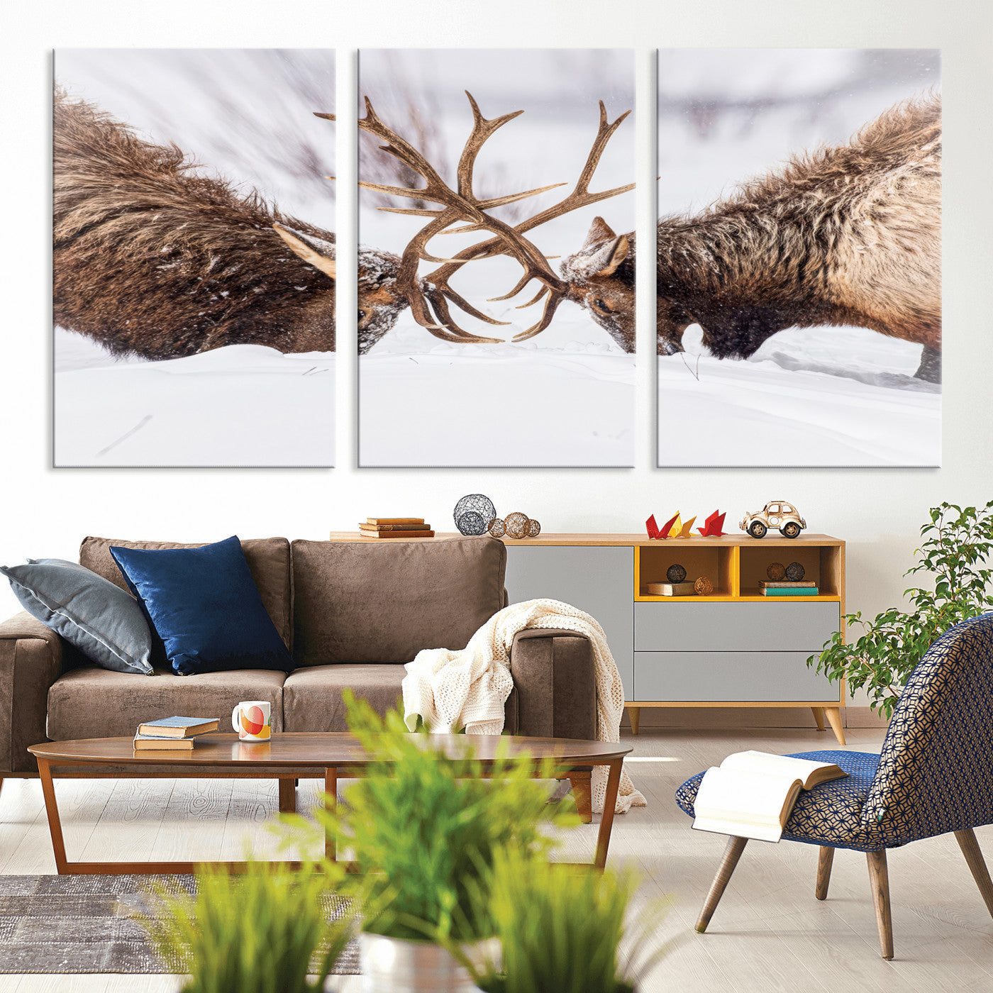 36507609-MGV-CV-36X24-Elk Clash Scene Wall Art Canvas Print, Framed Wildlife Strength Decor Art Picture Print, Snowy Forest Elk Perfect Rustic Lodge