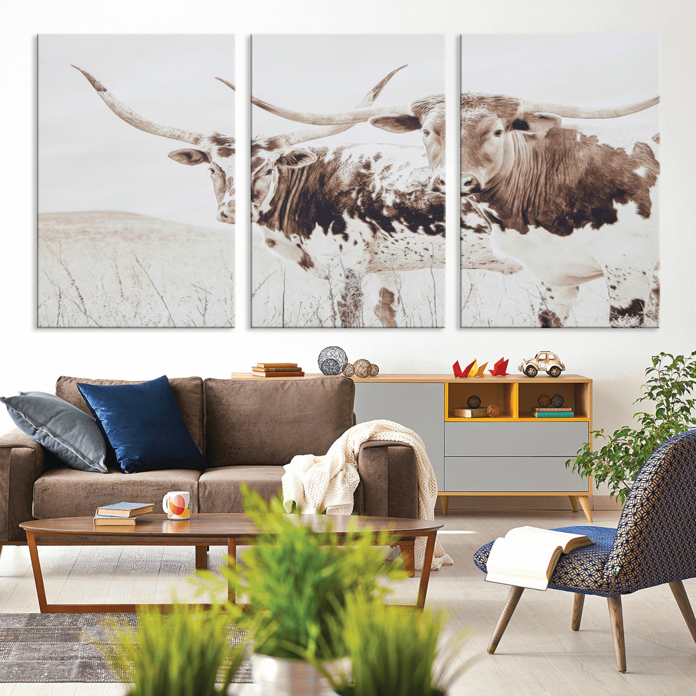 48161868-MGV-CV-36X24-Longhorn Cow Decor Wall Art Canvas Print, Framed Rustic Cattle Art Picture Print, Sepia Western Vibe Perfect Neutral Rustic