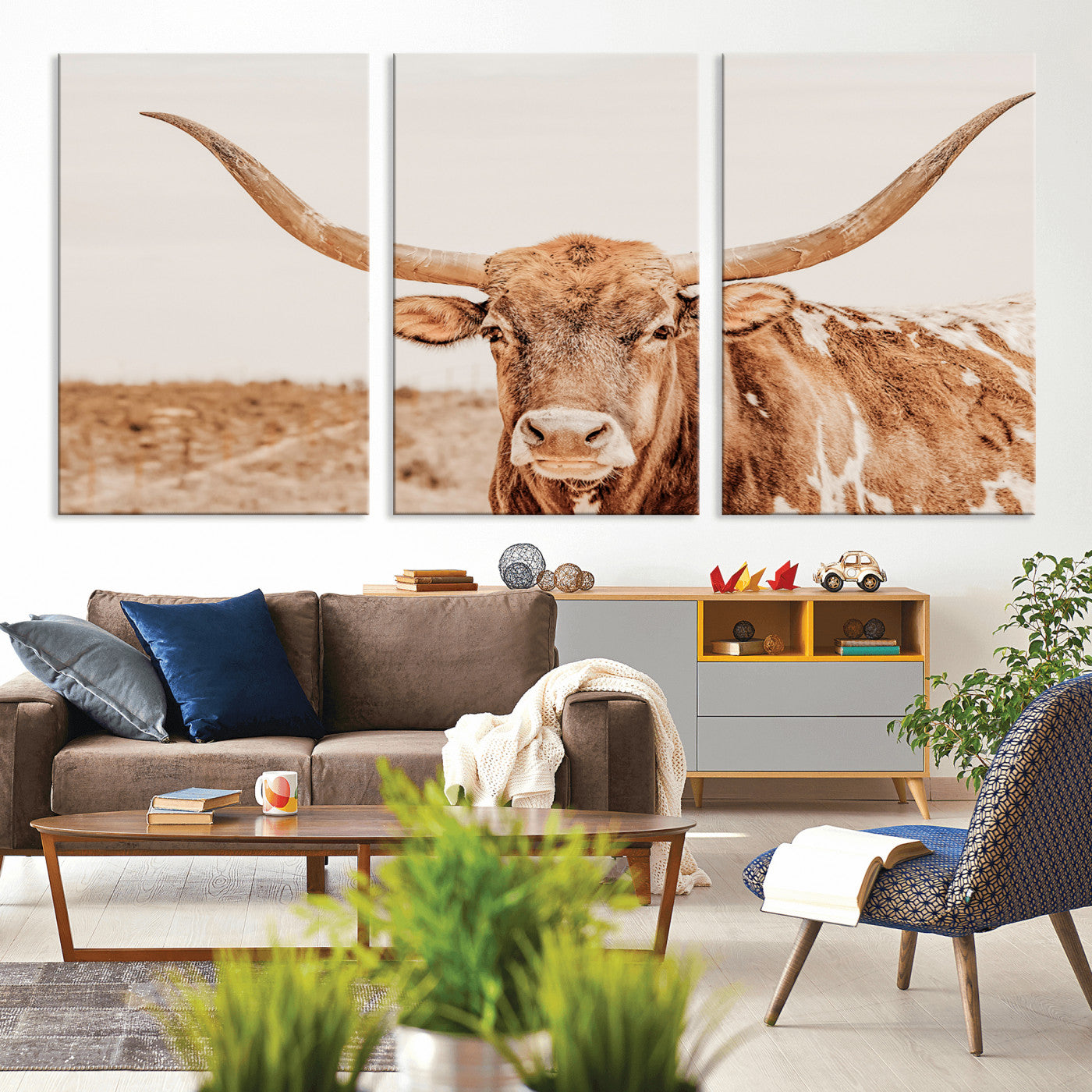74406977-MGV-CV-36X24-Longhorn Bull Decor Wall Art Canvas Print, Framed Western Cow Theme Art Picture Print, Rustic Farmhouse Wall Perfect Neutral