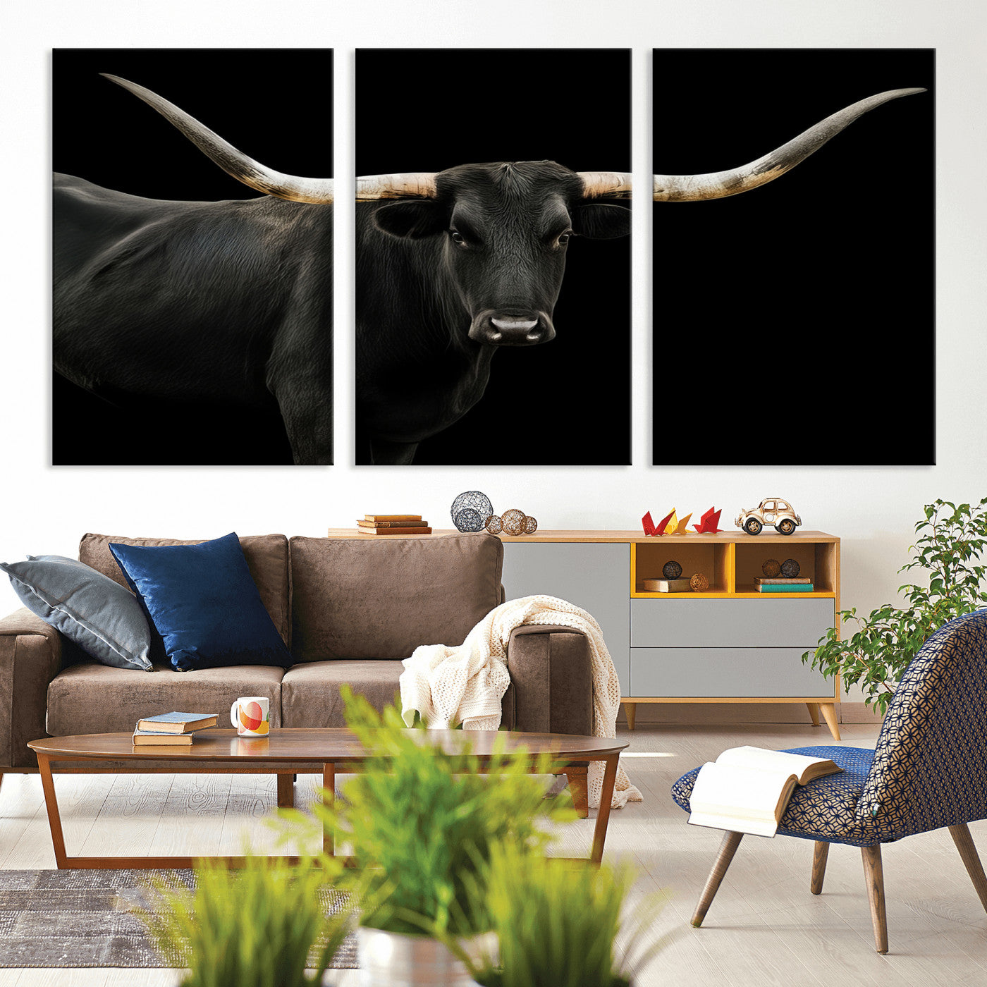 23572907-MGV-CV-36X24-Texas Longhorn Wall Art Canvas Print, Framed Rustic Western Decor Art Picture Print, Farmhouse Animal Perfect Modern Western