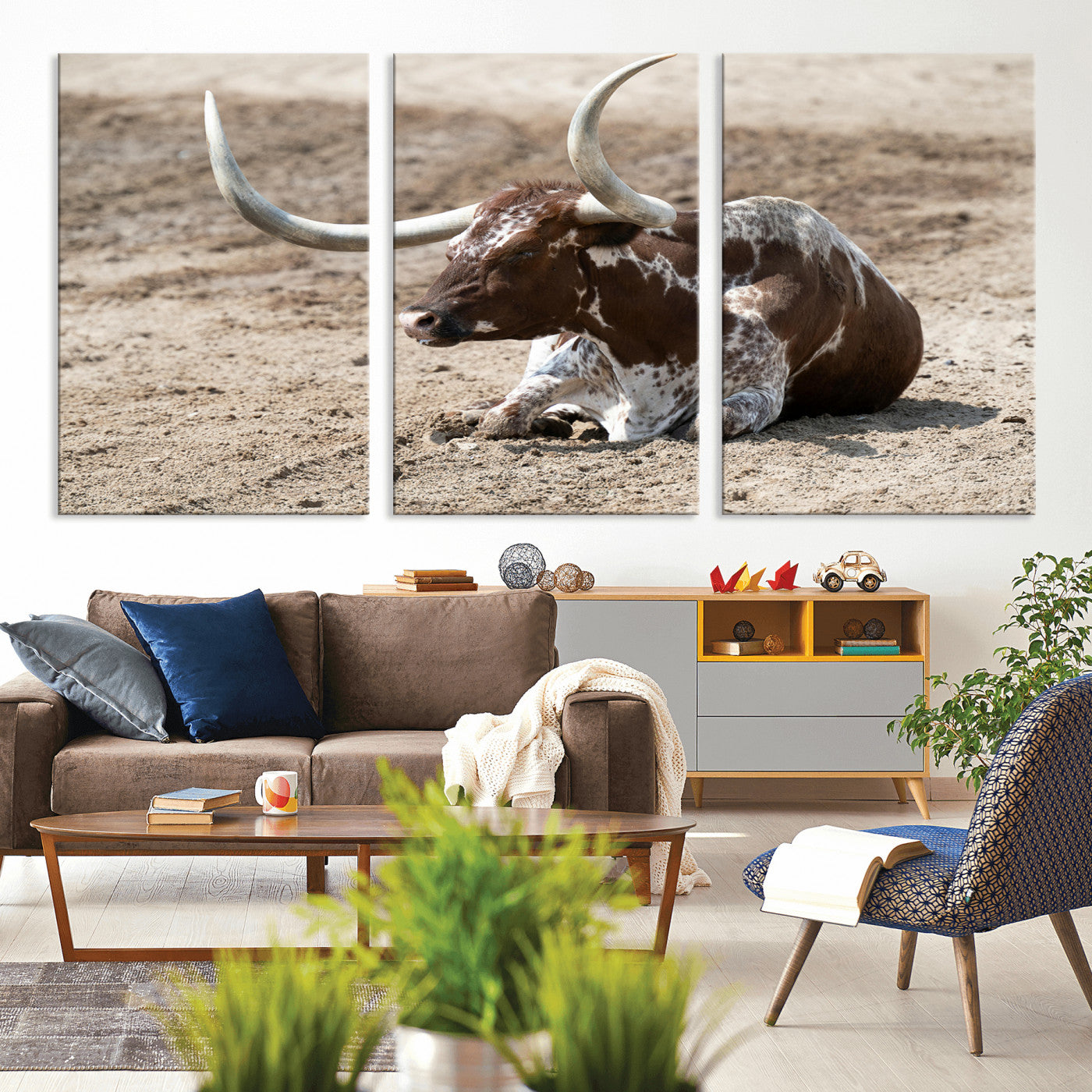 76549210-MGV-CV-36X24-Texas Longhorn Wall Art Canvas Print, Framed Country Living Art Picture Print, Farmhouse Aesthetic Perfect Western Rustic Decor