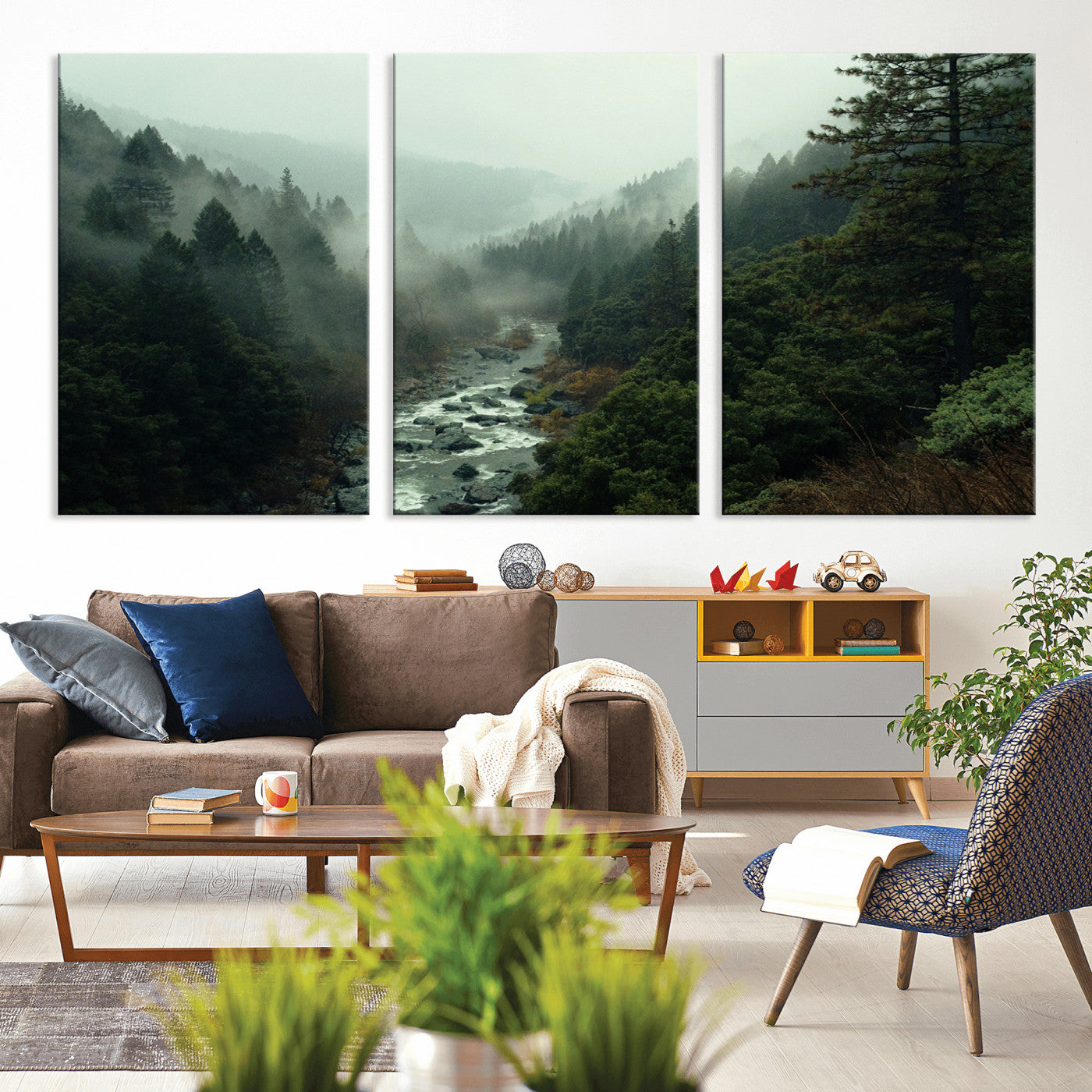 48497565-MGV-CV-36X24-Misty Forest Wall Art Canvas Print, Framed Foggy River Art Picture Print, Moody Landscape Perfect Moody Wilderness Decor Artwork