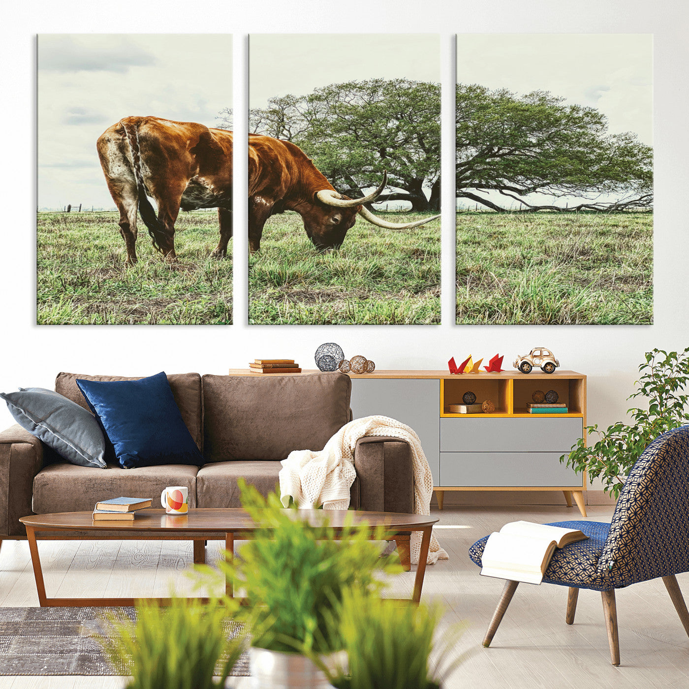 91866234-MGV-CV-36X24-Texas Longhorn Wall Art Canvas Print, Framed Rustic Ranch Art Picture Print, Western Cattle Perfect Rustic Farmhouse Decor Artwork