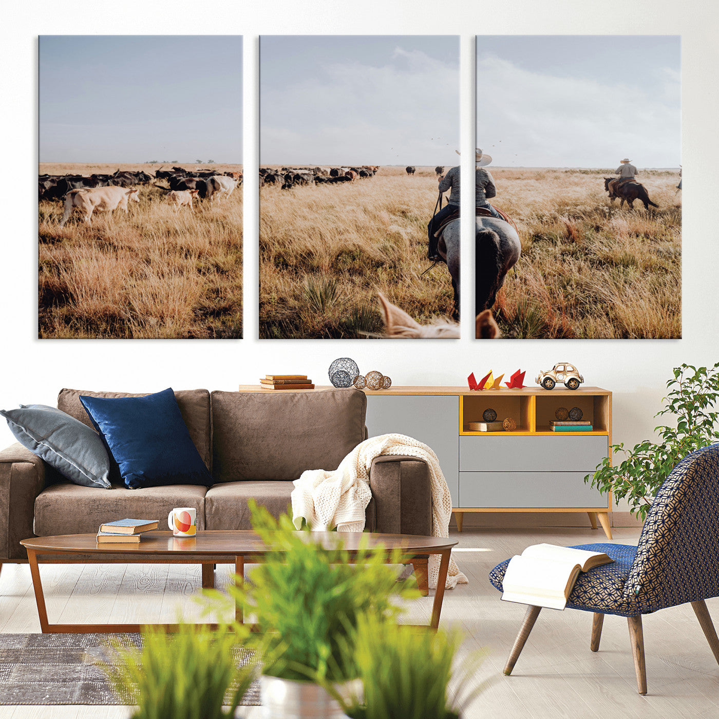 22431577-MGV-CV-36X24-Western Wall Art Wall Art Canvas Print, Framed Cowboy Canvas Art Picture Print, Cattle Drive Scene Perfect Rustic Western Decor