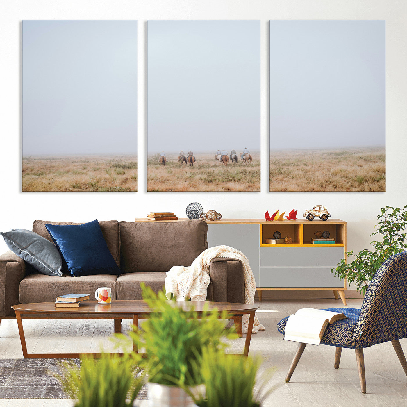 14761944-MGV-CV-36X24-Foggy Plains Wall Art Canvas Print, Framed Horseback Riders Art Picture Print, Rustic Western Perfect Rustic Western Decor Artwork