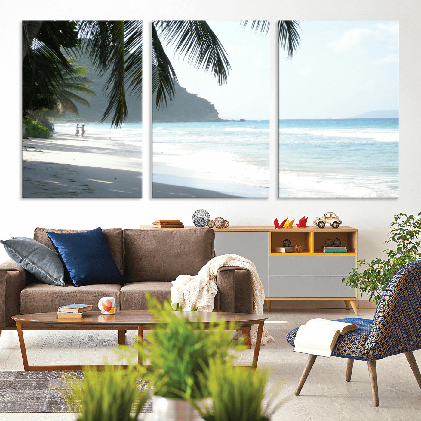 18311030-MGV-CV-36X24-Tropical Beach Wall Art Canvas Print, Framed Serene Ocean Art Picture Print, Palm Tree Shadows Perfect Tropical Coastal Decor