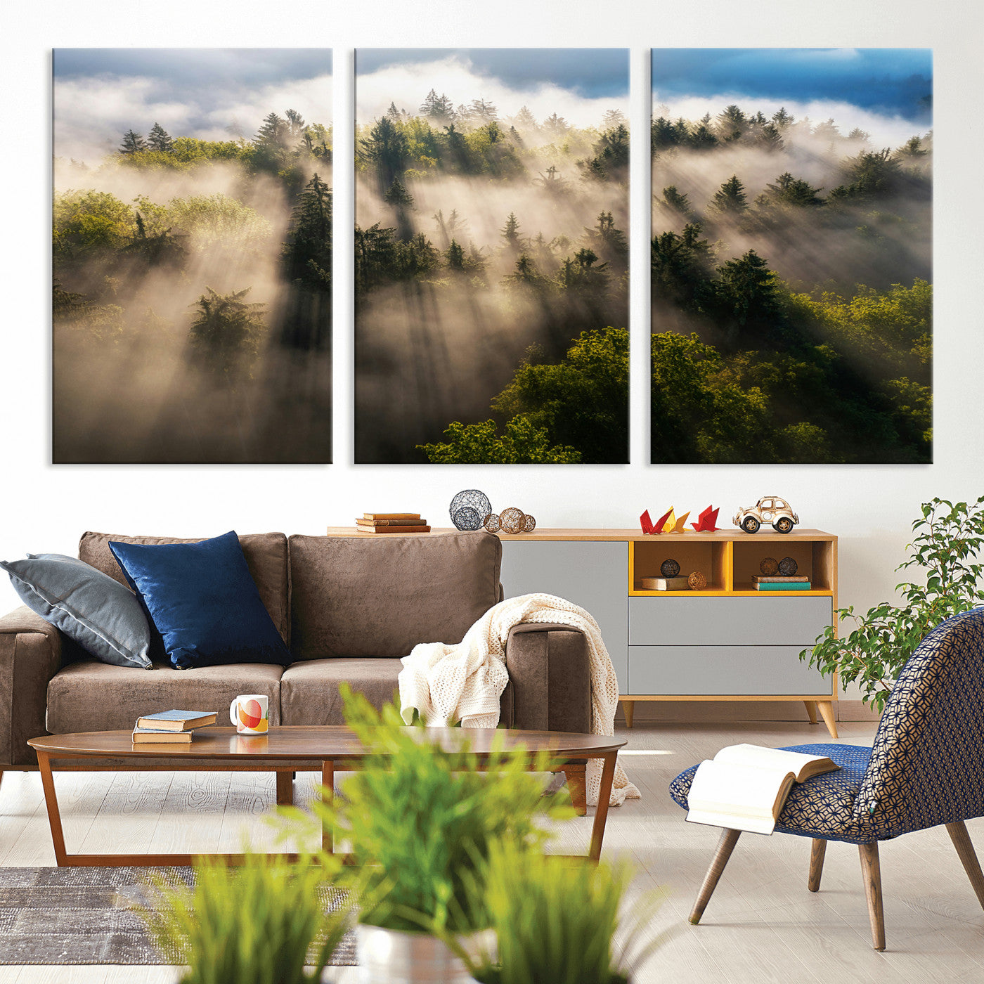 14785710-MGV-CV-36X24-Tranquil Forest Scene Wall Art Canvas Print, Framed Sunbeam Through Trees Art Picture Print, Moody Green Wall Art Perfect