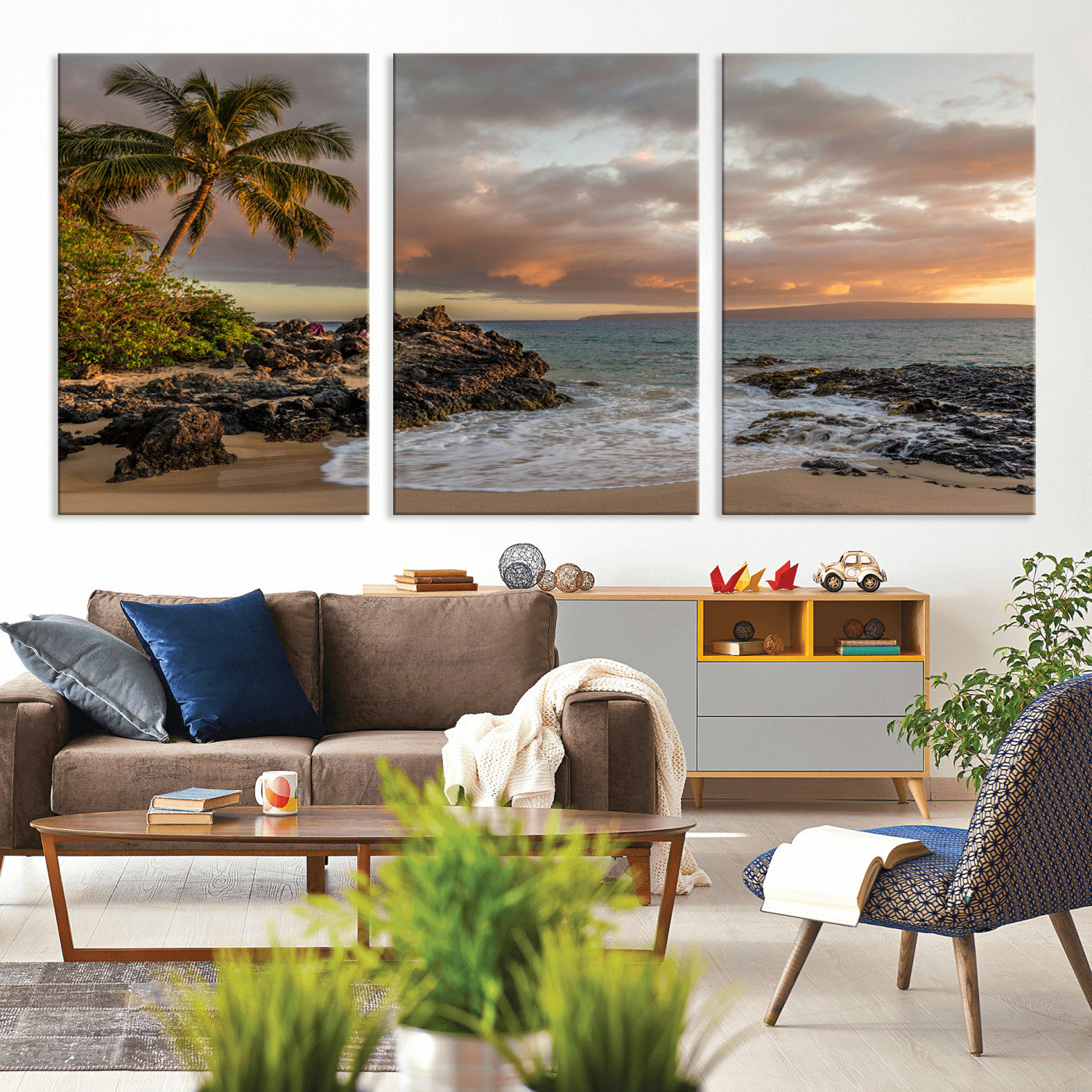55108220-MGV-CV-36X24-Tropical Beach Wall Art Canvas Print, Framed Hawaiian Sunset Art Picture Print, Ocean Waves Perfect Coastal Tropical Decor Artwork
