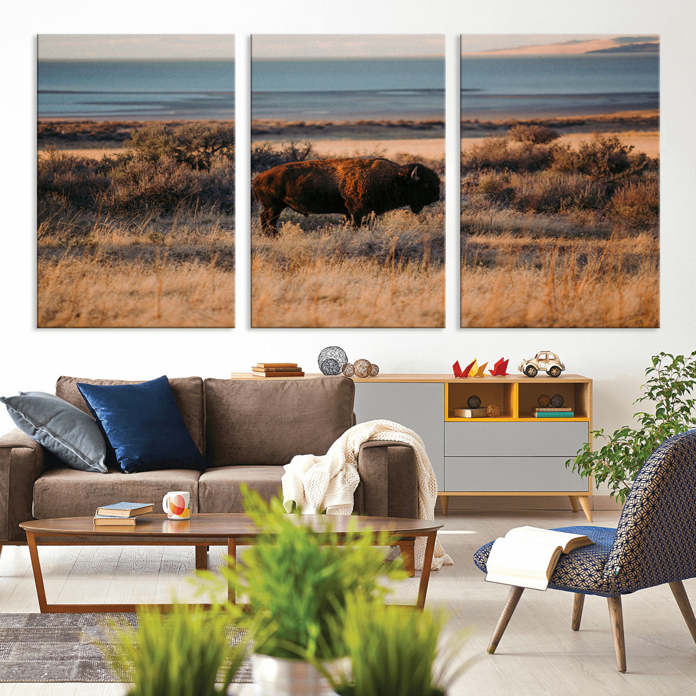 39509187-MGV-CV-36X24-Western Wildlife Wall Art Canvas Print, Framed Bison Art Picture Print, Golden Hour Perfect Western Rustic Decor Artwork