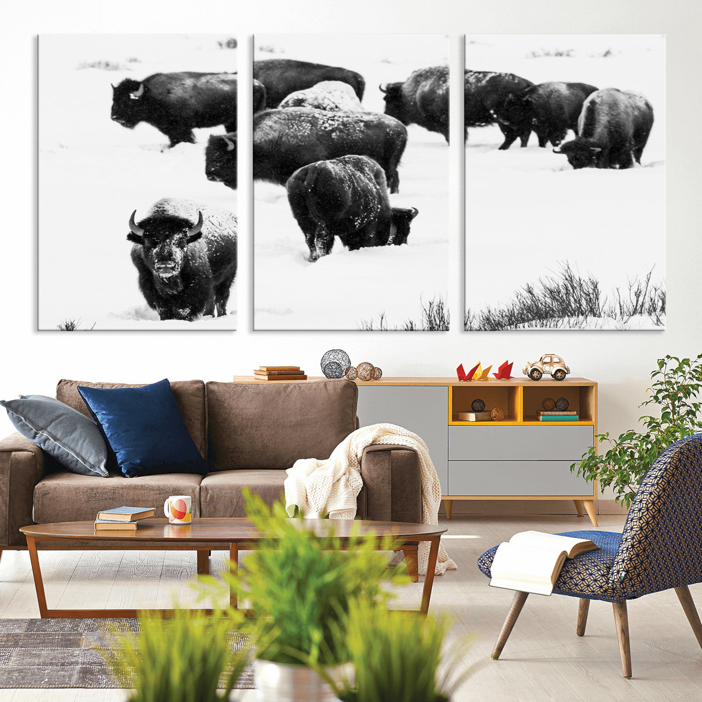 18914414-MGV-CV-36X24-Buffalo Herd Wall Art Canvas Print, Framed Black and White Art Picture Print, Snowy Landscape Perfect Rustic Lodge Decor Decor