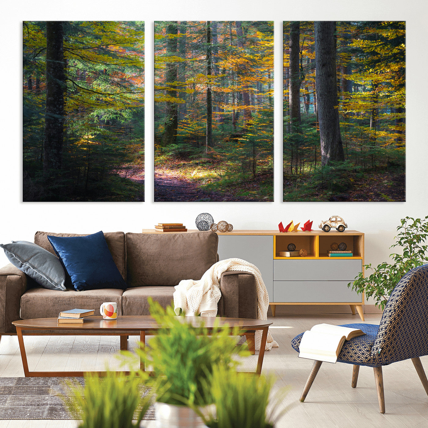 65810864-MGV-CV-36X24-Autumn Forest Wall Art Canvas Print, Framed Fall Woodland Art Picture Print, Golden Leaves Perfect Rustic Farmhouse Decor Artwork