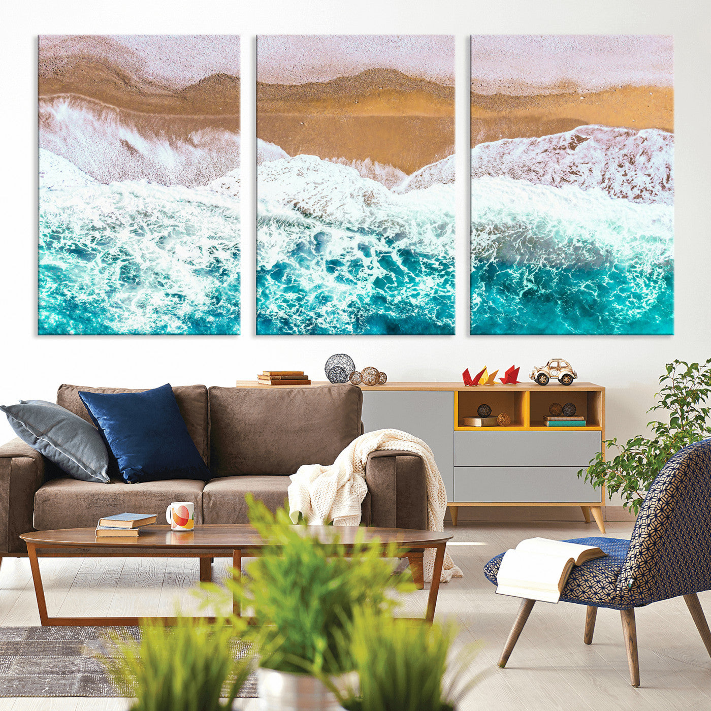26870666-MGV-CV-36X24-Aerial Beach Wall Art Canvas Print, Framed Ocean Waves Art Picture Print, Coastal Landscape Perfect Coastal Minimalist Decor