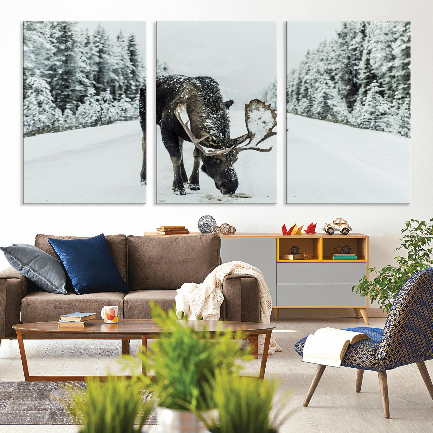 13316292-MGV-CV-36X24-Moose in Snow Wall Art Canvas Print, Framed Winter Wildlife Art Picture Print, Snowy Forest Scene Perfect Rustic Lodge Decor