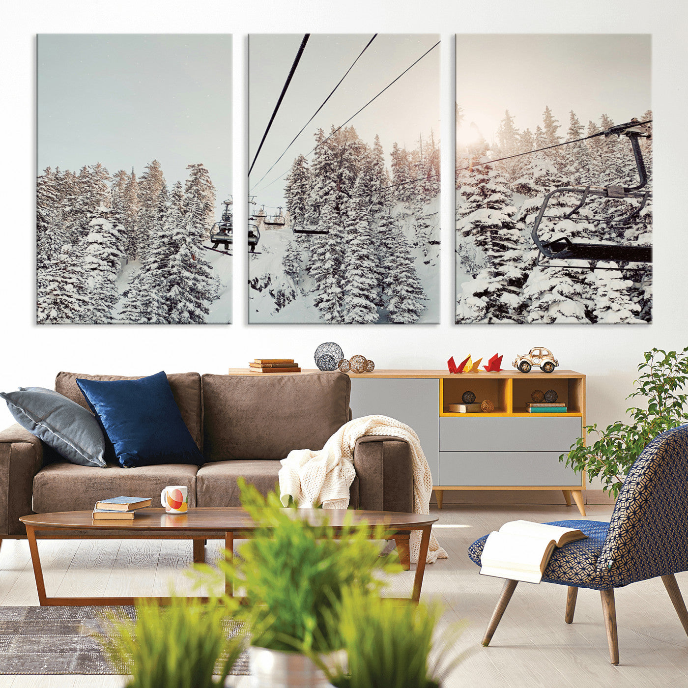 91534512-MGV-CV-60X30-3P-Frosty Pines Wall Art Canvas Print, Framed Cozy Cabin View Art Picture Print, Ski Lift Ride Perfect Rustic Lodge Decor Artwork