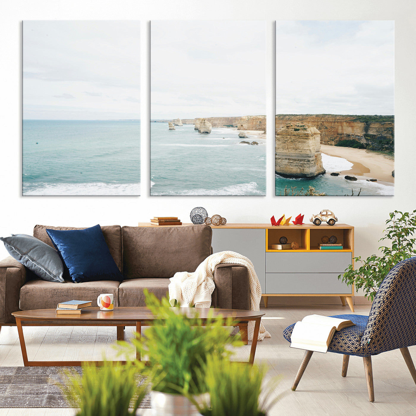 70095633-MGV-CV-60X30-3P-Twelve Apostles Wall Art Canvas Print, Framed Coastal Cliffs Art Picture Print, Rugged Rock Formations Perfect Minimalist Coastal