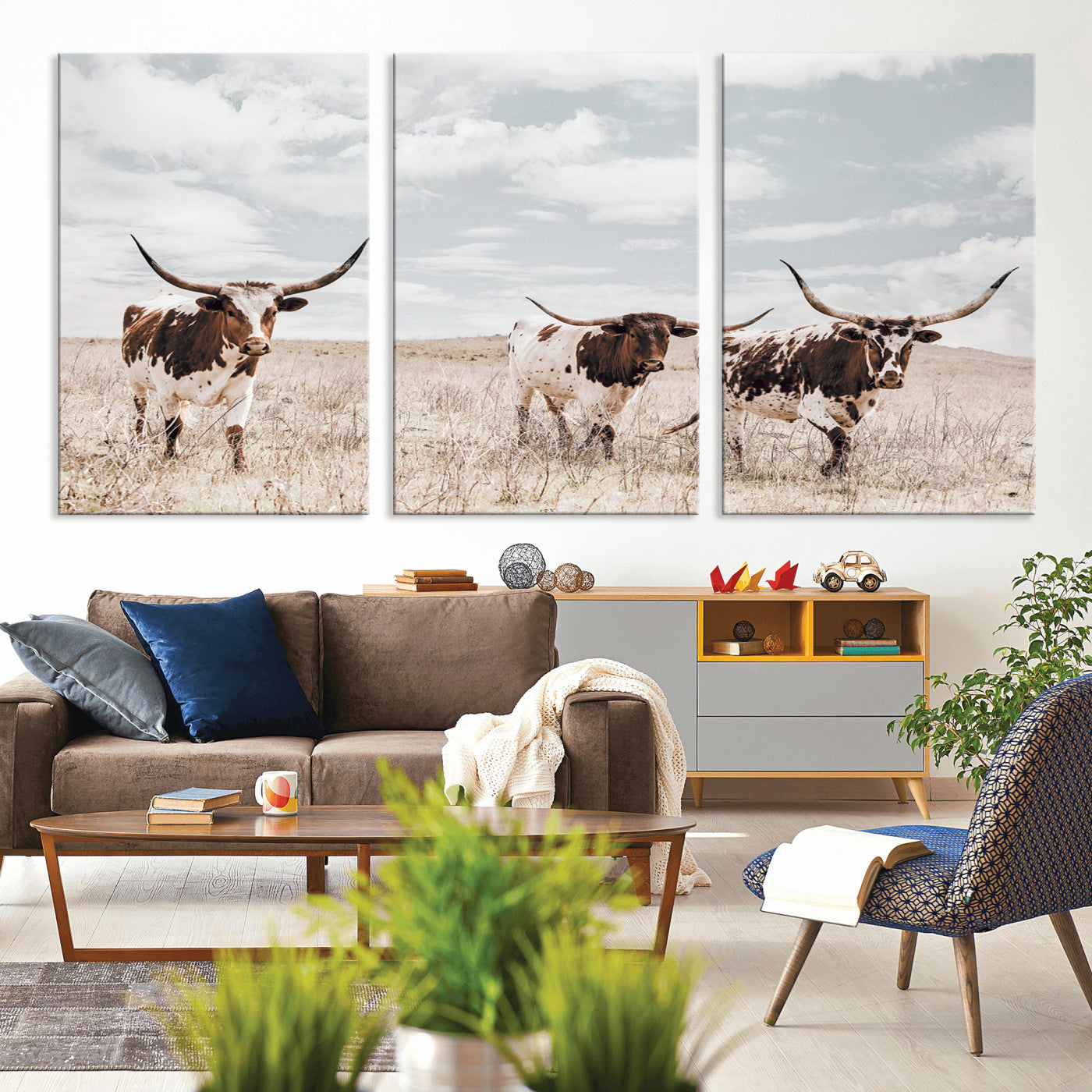 65621083-MGV-CV-36X24-Texas Longhorn Wall Art – Rustic Western Cattle Canvas Print, Southwestern Ranch Photography Decor for Living Room, Office,