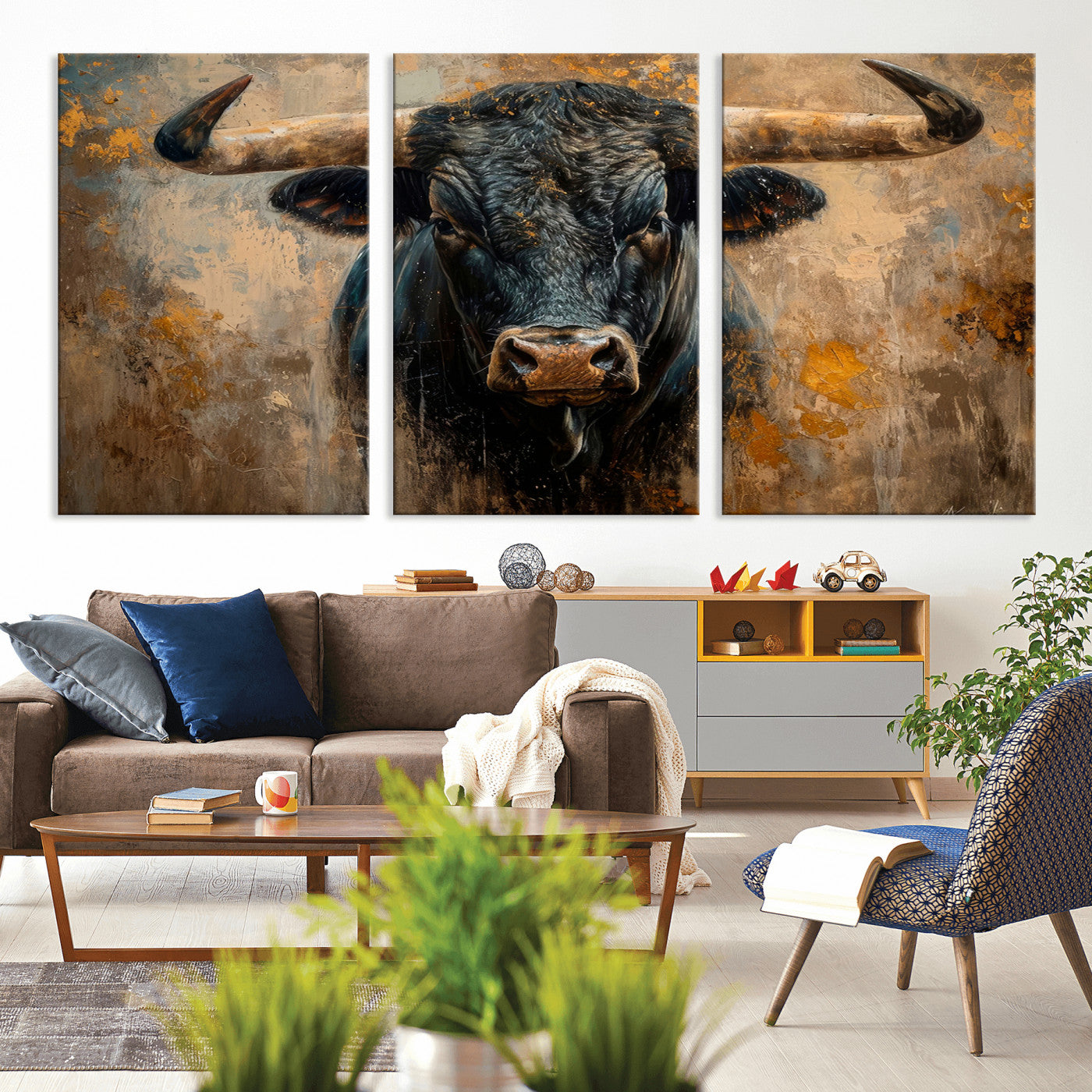 91615410-MGV-CV-36X24-Bull Wall Art – Rustic Western Longhorn Canvas Print, Powerful Abstract Animal Painting, Farmhouse Ranch Decor for Living Room,