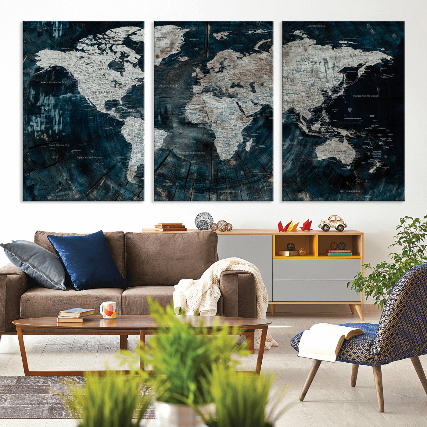 34425609-MGV-CV-36X24-World Map Wall Art – Rustic Navy and Grey Atlas Canvas Print, Distressed Explorer Map Artwork, Industrial Style Decor for Office,