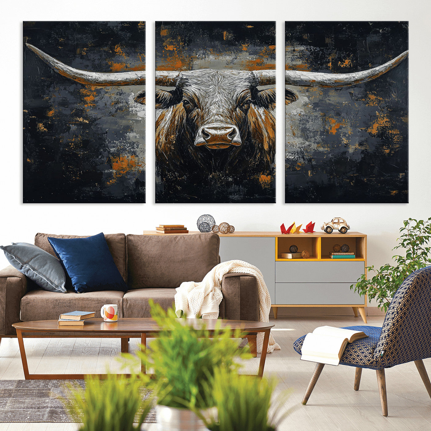 93195031-MGV-CV-36X24-Dark Longhorn Bull Wall Art – Western Steer Canvas Print, Moody Rustic Animal Painting for Man Cave, Ranch House, Office or Modern