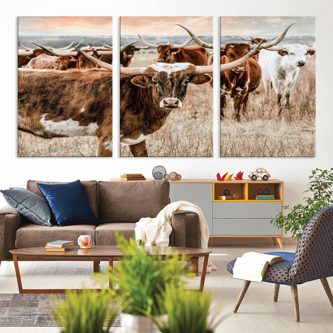 47758300-MGV-CV-36X24-Texas Longhorn Cattle Wall Art – Rustic Western Herd Canvas Print, Cowboy Ranch Farmhouse Decor for Living Room, Office, or