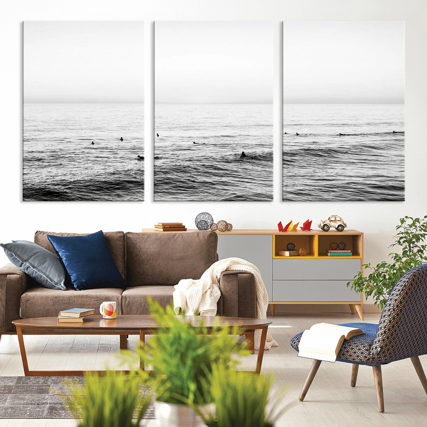 47208268-MGV-CV-36X24-Surfer Ocean Wall Art – Black and White Coastal Canvas Print, Minimalist Surfing Seascape Decor for Living Room, Bedroom, or Beach