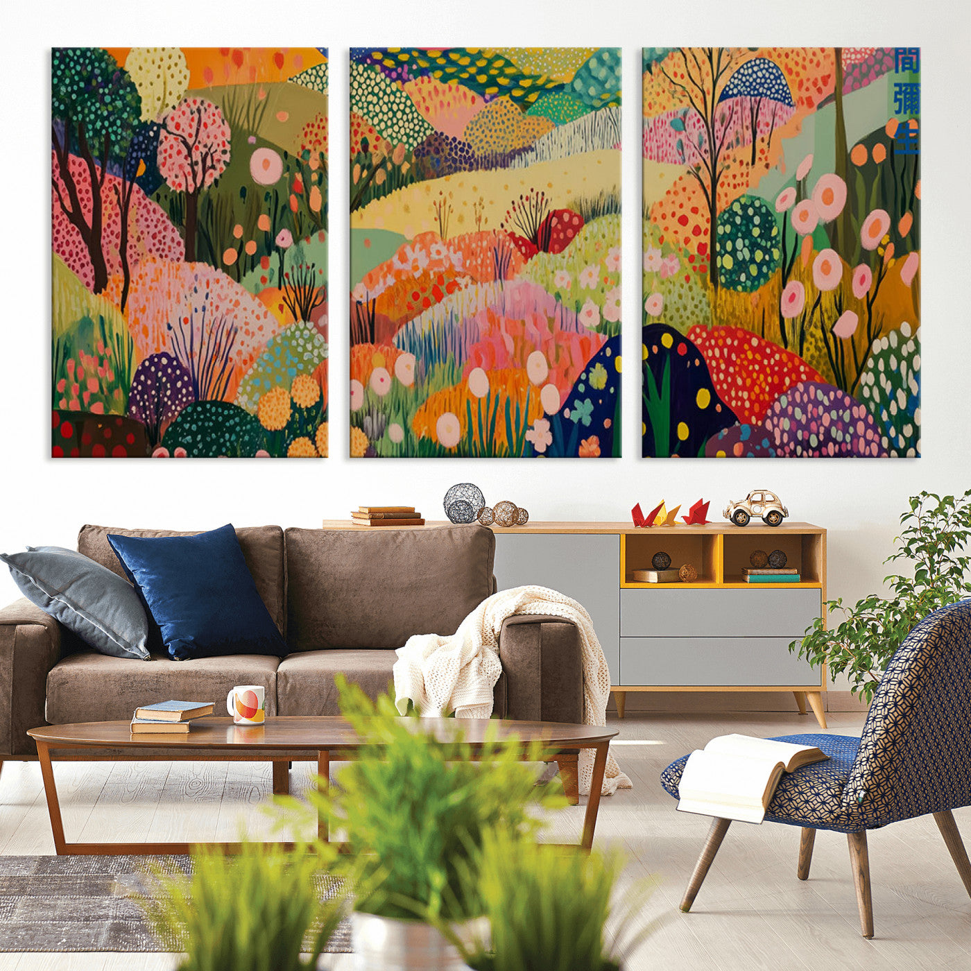 79636380-MGV-CV-36X24-Colorful Abstract Landscape Wall Art – Vibrant Hills and Flowers Canvas Print, Modern Whimsical Artwork for Living Room, Bedroom,