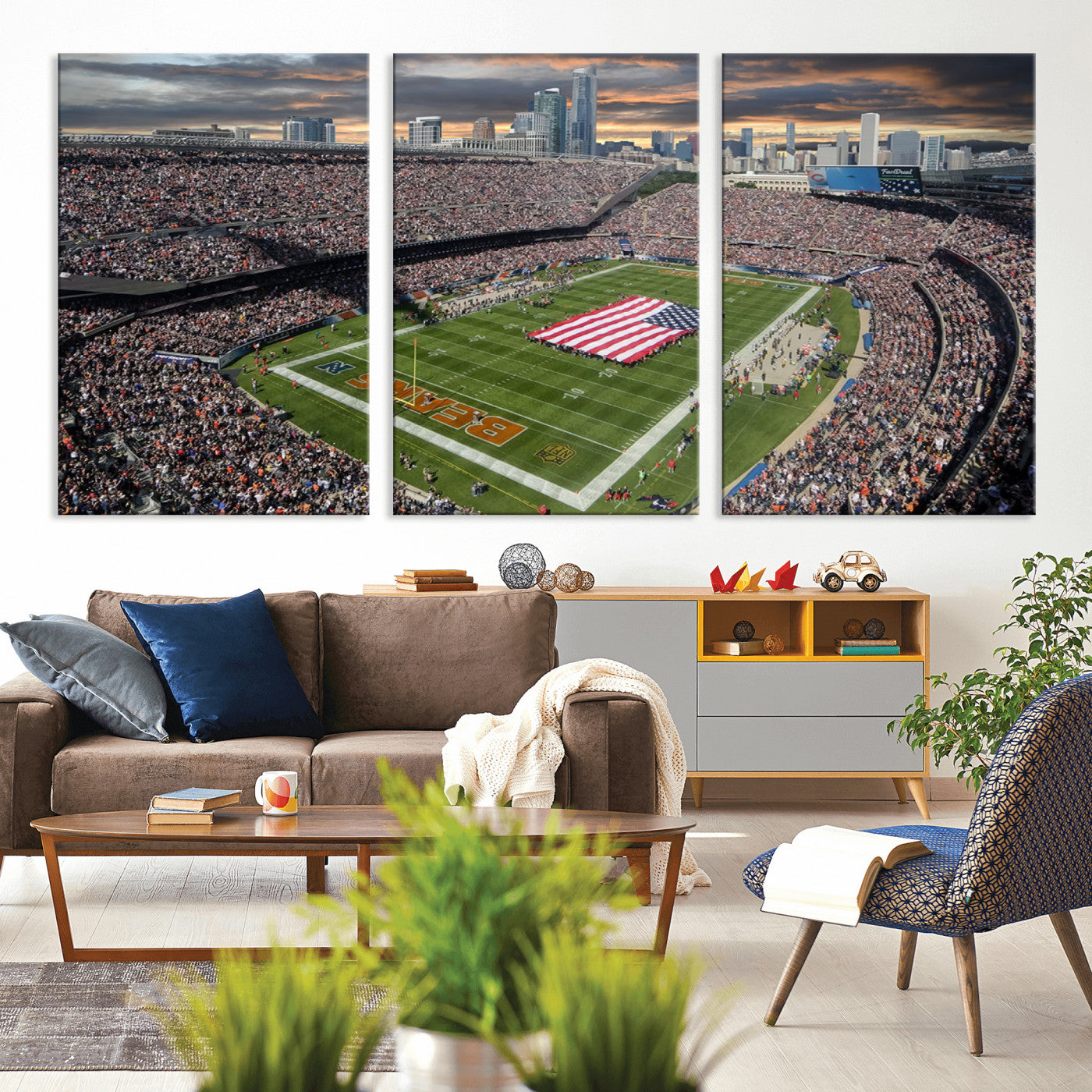 98106777-MGV-CV-36X24-Soldier Field Wall Art – Chicago Bears Stadium Canvas Print with American Flag, Game Day Football Decor for Man Cave, Bar, or