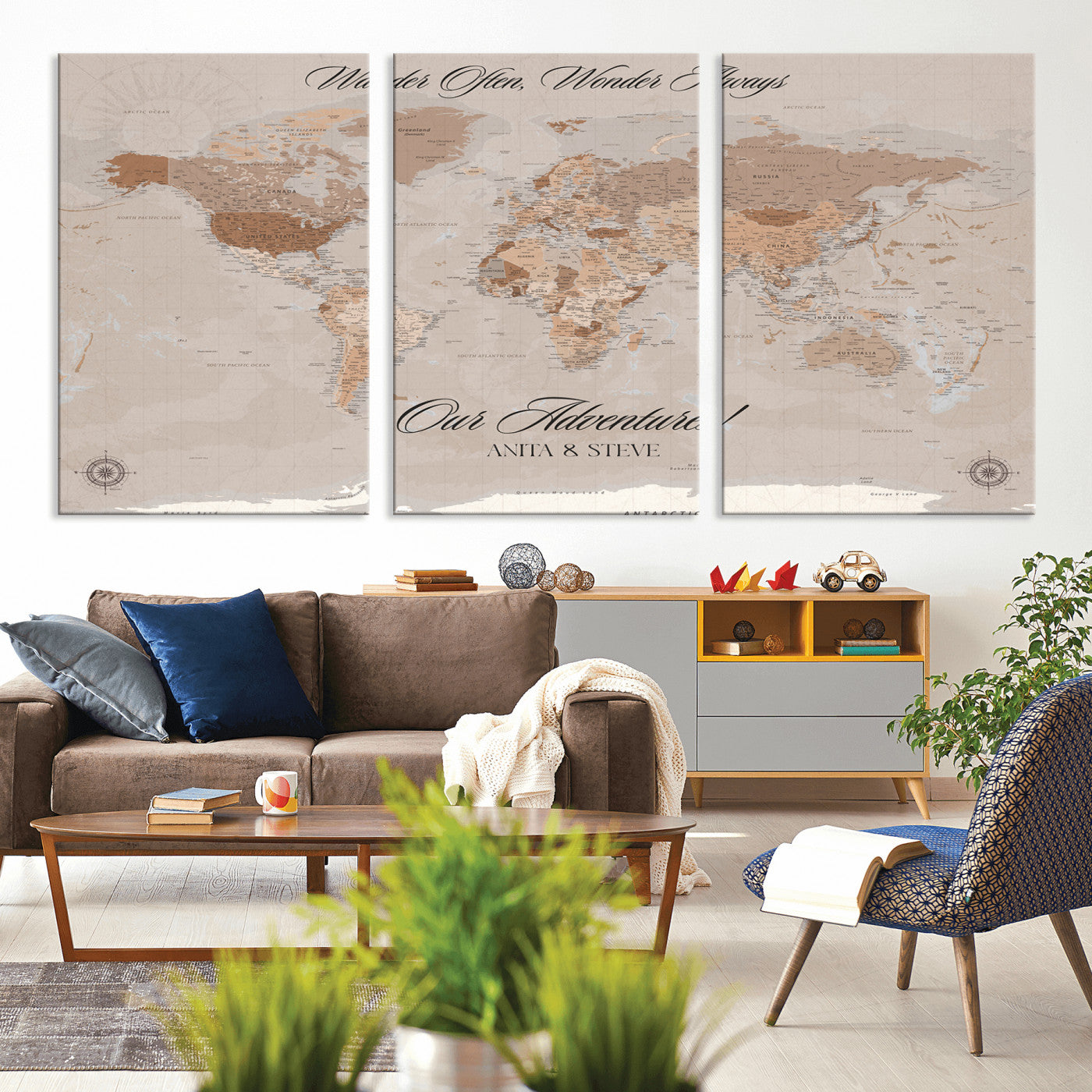 95243244-MGV-CV-36X24-Wander Often Wonder Always World Map Wall Art – Neutral Beige Adventure Canvas Print, Rustic Boho Travel Decor for Bedroom, Living