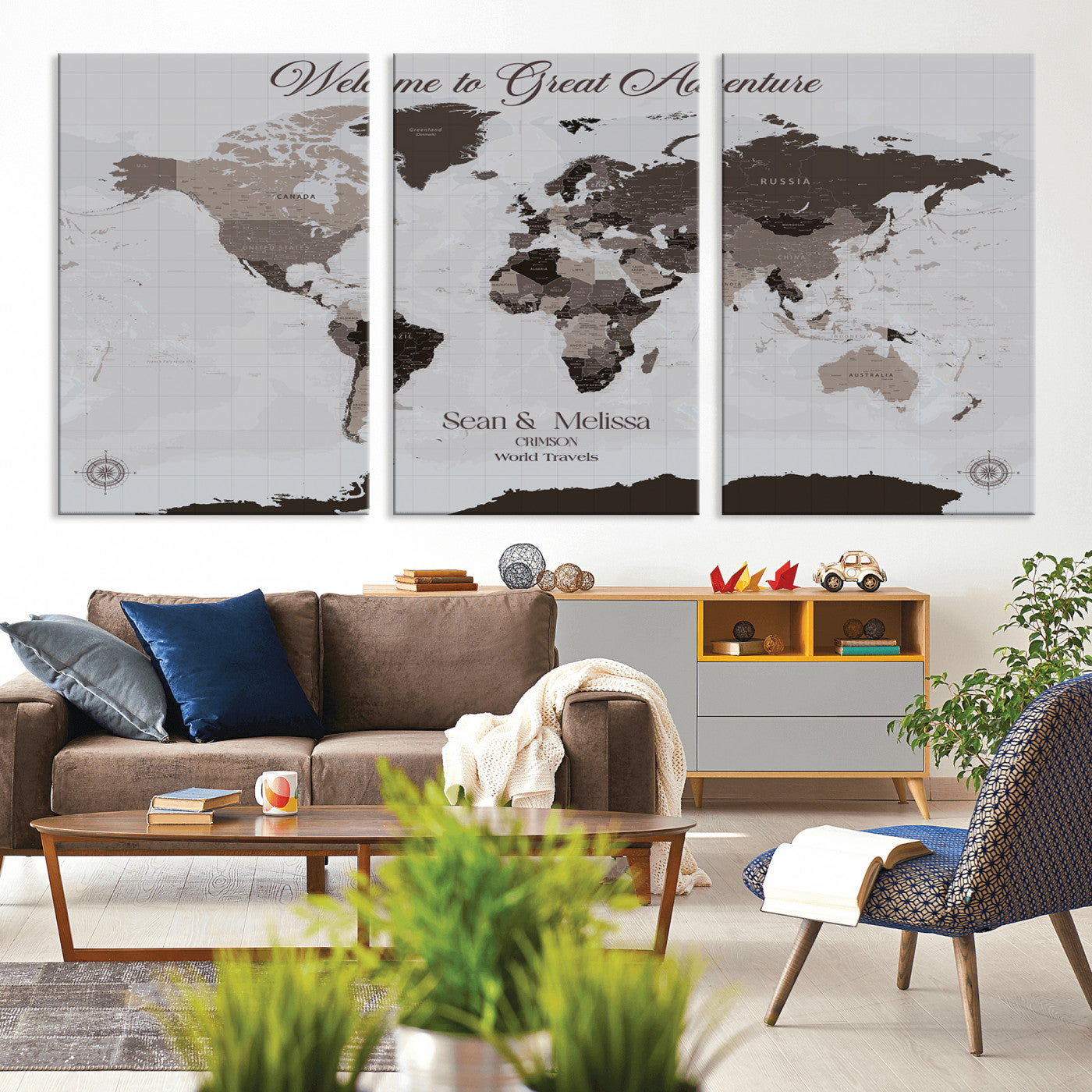43749658-MGV-CV-36X24-Welcome to Great Adventure World Map Wall Art – Charcoal Gray Canvas Print, Rustic Travel Decor for Living Room, Study, Office or