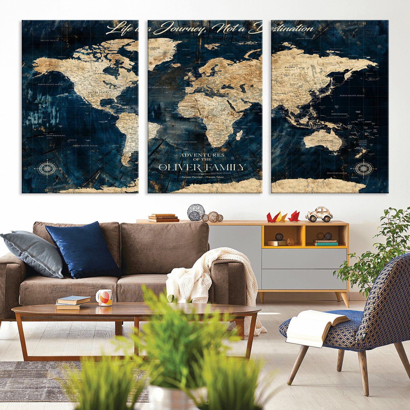 36970886-MGV-CV-36X24-Life is a Journey Not a Destination World Map Rustic Navy Beige Vintage Travel Wall Art Adventure Quote Canvas Print for Home