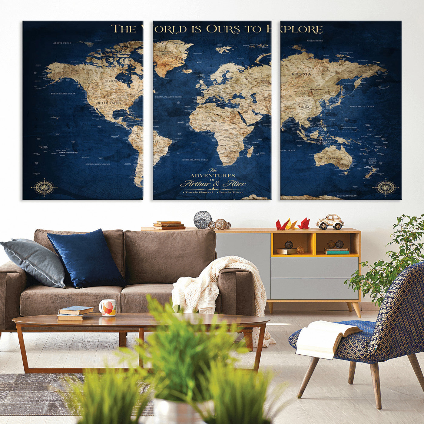 54782997-MGV-CV-36X24-The World is Ours to Explore Wall Art – Blue World Map Canvas Print, Adventure Travel Decor for Home, Office or Living Room,