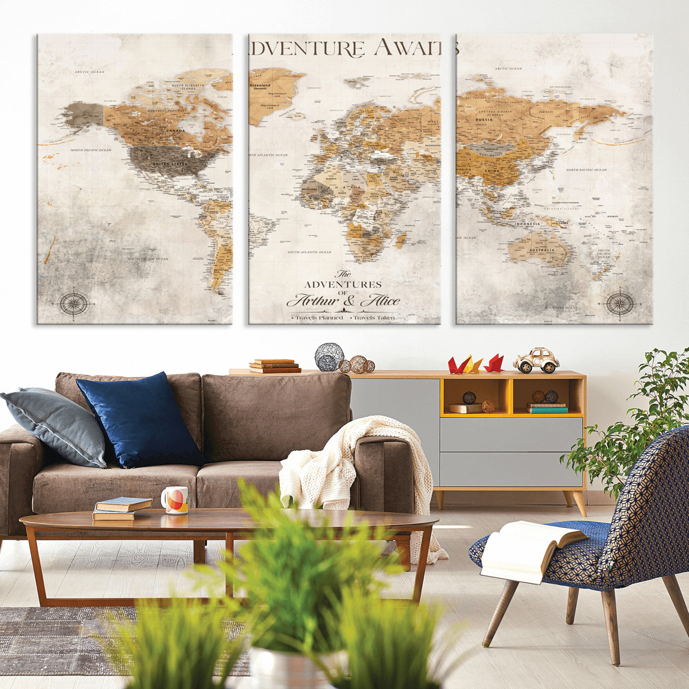 99422096-MGV-CV-36X24-Adventure Awaits World Map Wall Art – Neutral Beige Canvas Print, Modern Travel Inspired Wall Decor for Living Room, Bedroom or