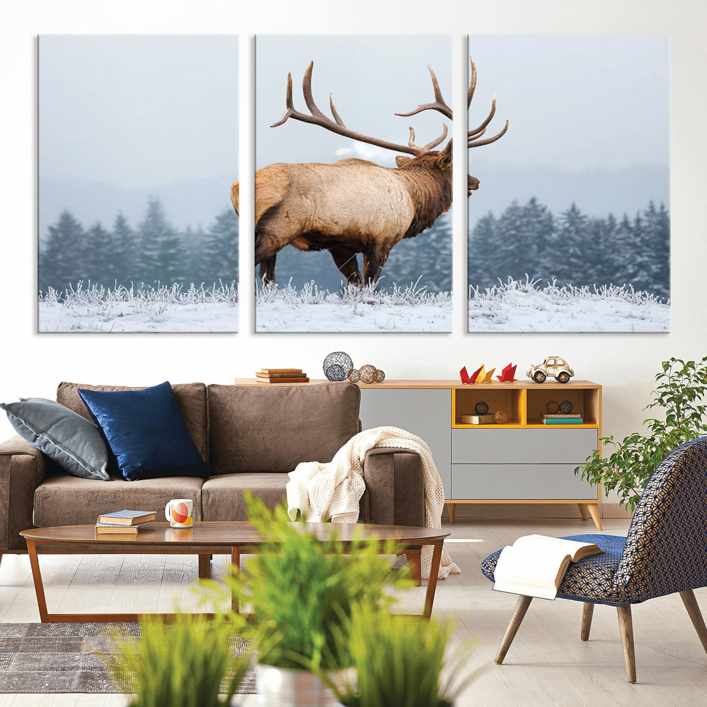 85177251-MGV-CV-36X24-Elk Wall Art – Majestic Wildlife Canvas Print of Bull Elk Snowy Forest, Rustic Nature Decor for Living Room, Cabin, or Office