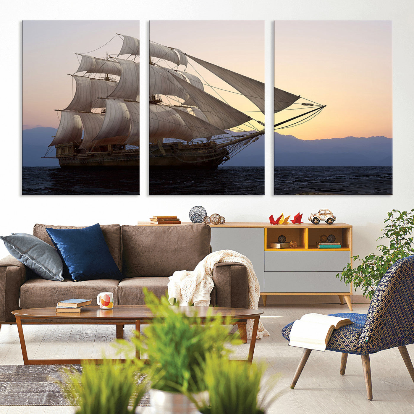31270610-MGV-CV-36X24-Sailing Ship Wall Art – Sunset Seascape Canvas Print with Tall Ship at Sea, Nautical Ocean Decor for Living Room, Office, or