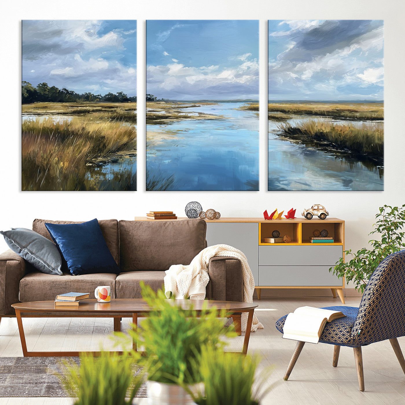 87082041-MGV-CV-36X24-Marshland Landscape Wall Art – Serene Nature Canvas Print with Blue Sky and Reflections, Tranquil Scenic Painting for Living Room,