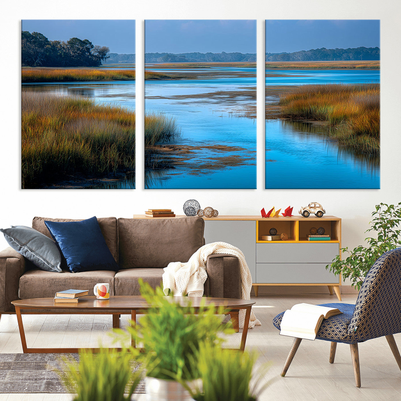26300004-MGV-CV-36X24-Marshland Landscape Wall Art – Scenic Nature Canvas Print with Golden Grass and Blue Water, Peaceful River Photography for Living