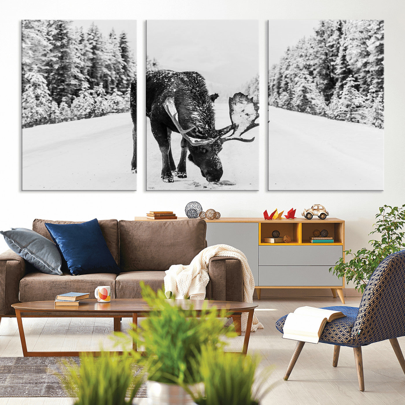 38956835-MGV-CV-36X24-Moose Wall Art – Black and White Wildlife Canvas Print with Snowy Forest Road, Rustic Nature Photography for Cabin, Lodge, Living
