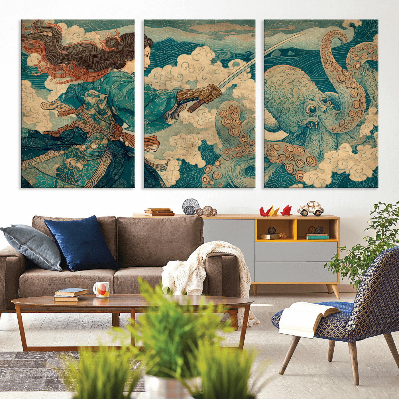 37943964-MGV-CV-36X24-Tsukioka Yoshitoshi Samurai Wall Art Print, Japanese Katana Warrior Canvas Wall Art, Octopus Sea Monster Canvas Print,