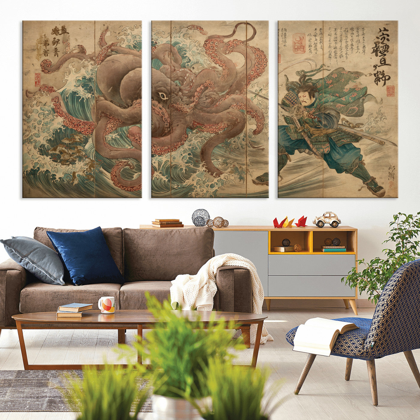63782167-MGV-CV-36X24-Tsukioka Yoshitoshi Samurai Wall Art Print, Japanese Katana Warrior Canvas Wall Art, Octopus Sea Monster Canvas Print,