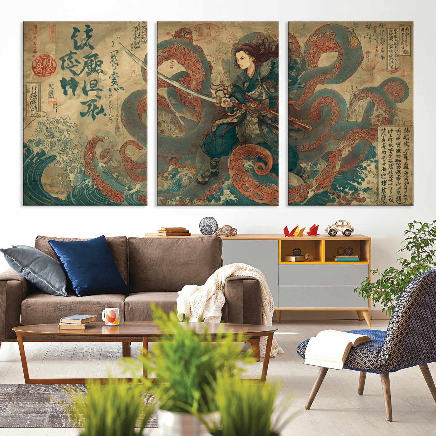 98593115-MGV-CV-36X24-Samurai Warrior vs Octopus Wall Art – Japanese Ukiyo-e Calligraphy Canvas Print, Ocean Battle Scene Artwork for Living Room,