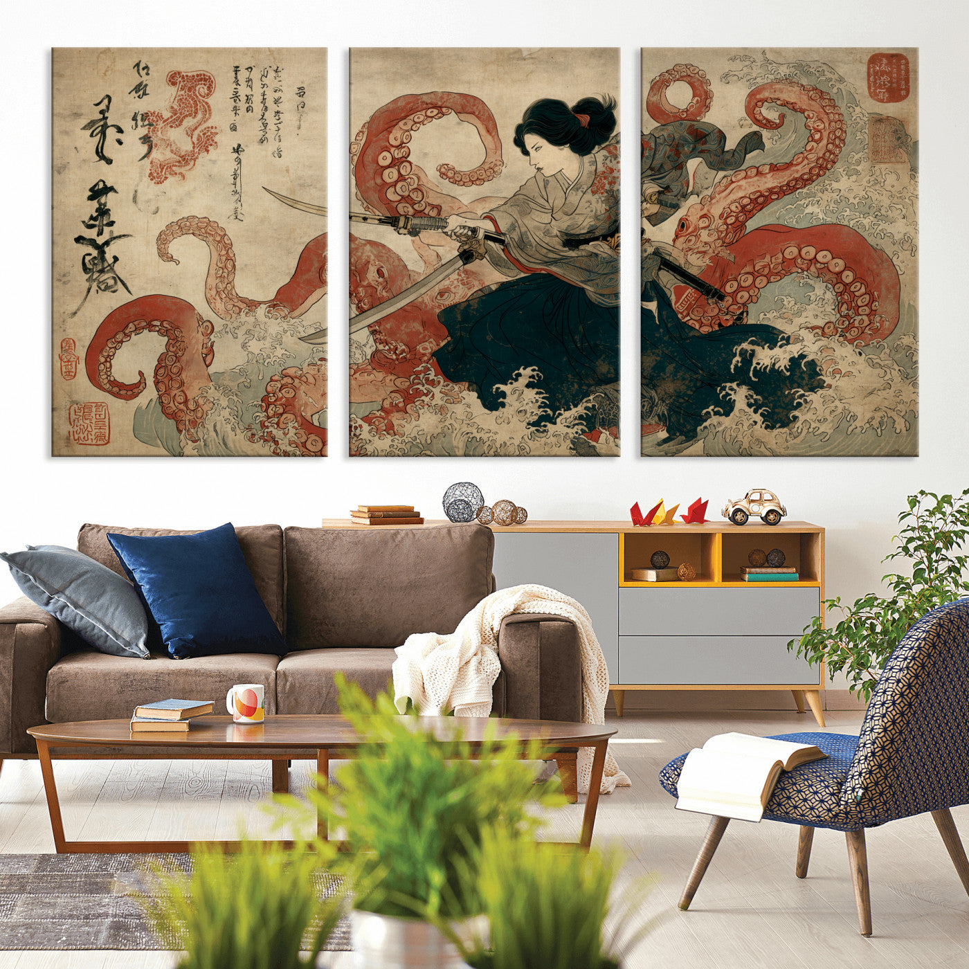 50812504-MGV-CV-36X24-Samurai Woman vs Octopus Wall Art – Japanese Ukiyo-e Red Tentacle Canvas Print, Ocean Battle Artwork for Living Room, Office, Man