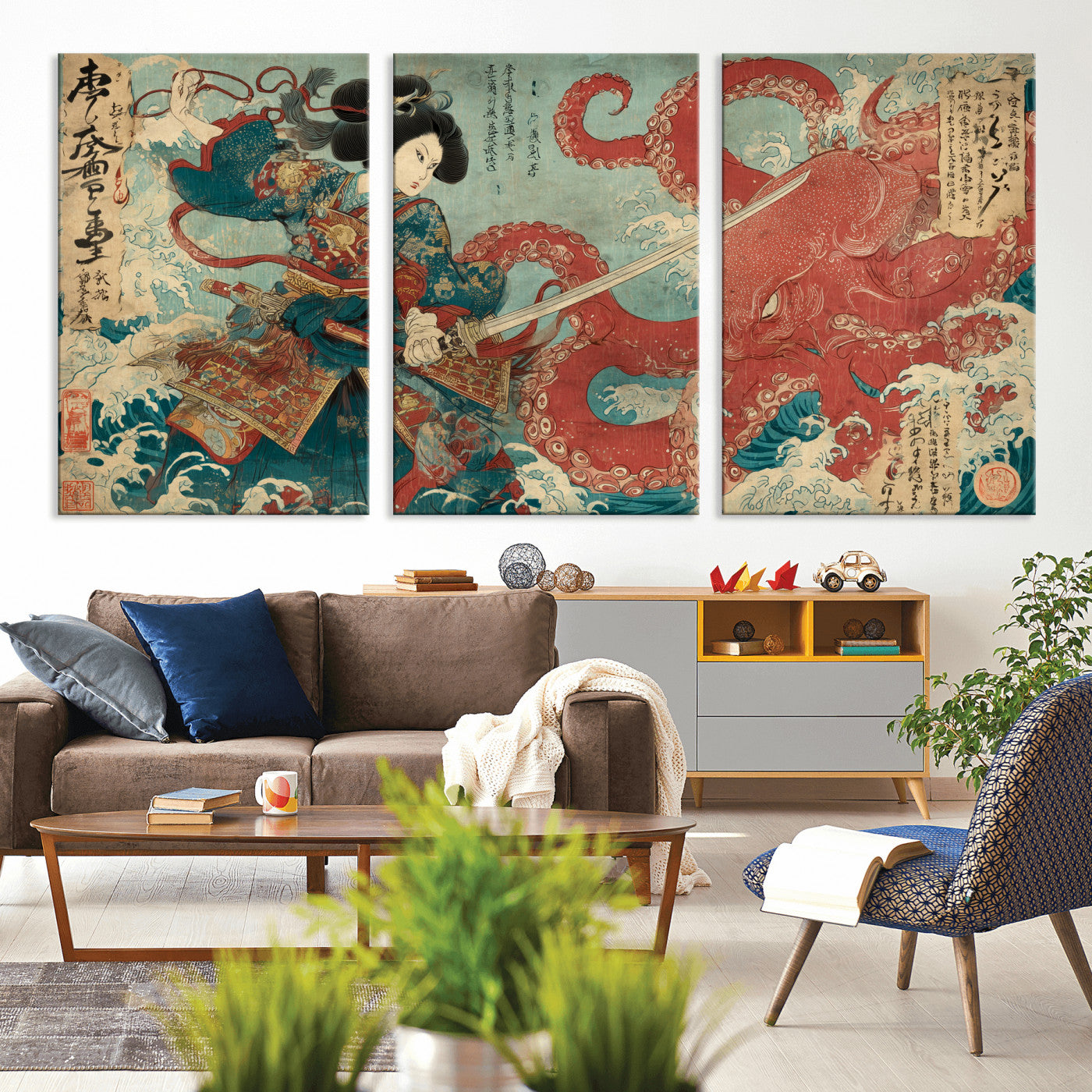 68844327-MGV-CV-36X24-Tsukioka Yoshitoshi Samurai Wall Art Print, Japanese Katana Warrior Canvas Wall Art, Octopus Sea Monster Canvas Print,